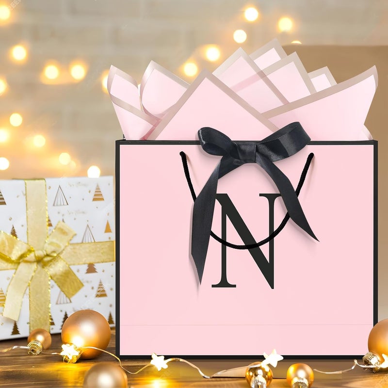 QLSKO Personalized Initial Paper Bag for Women Grils,Monogrammed Gift Bag with Bow Ribbon,Wrapping Tissue and Card Matching Envelope Sticker (Pink, N-Medium) - Image 2
